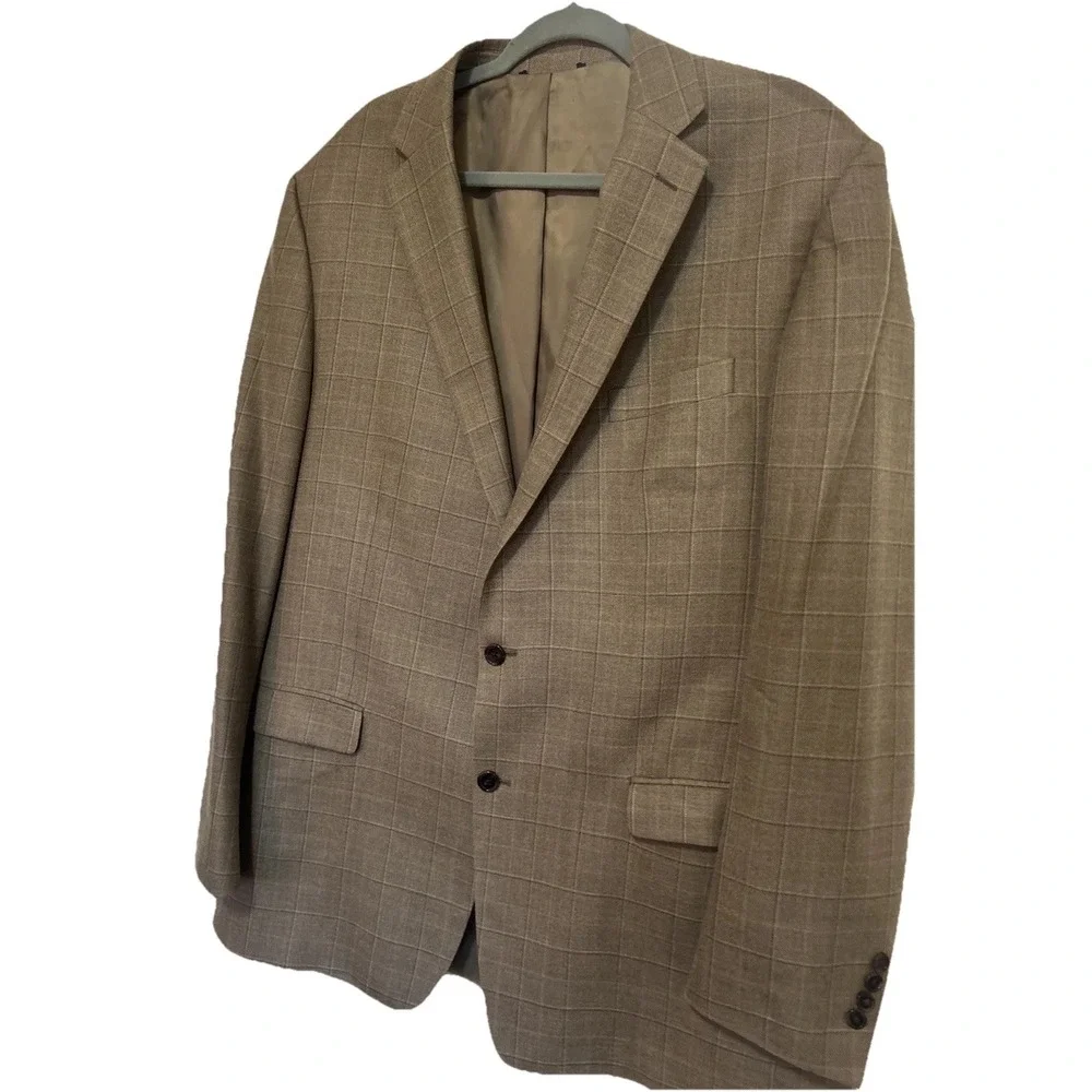 Ralph Lauren Sport Coat Mens 46R‎ Silk Wool Blazer Gold Brown Plaid Excellent